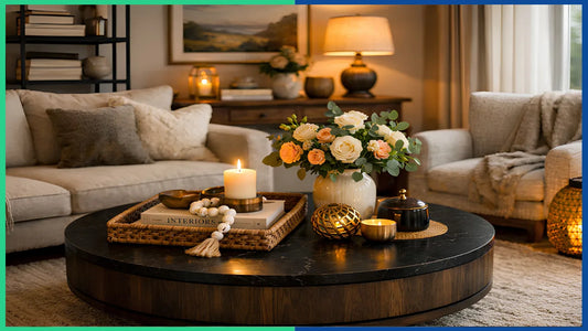 Round coffee table decor in modern and traditional living room setup – Blue Ridge Cabinet Connection