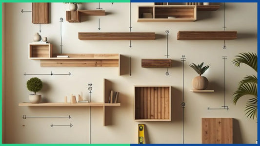  Wooden floating shelf installation design with modern wall shelves, storage boxes, plants, and layout measurements - Blue Ridge Cabinet Connection
