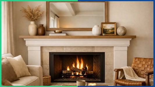 Decorative items above a fireplace styled safely on a well-installed mantel in a modern living room – Blue Ridge Cabinet Connection