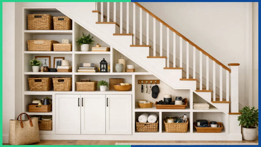 Custom under-stair shelving with open shelves and closed cabinets for smart home storage – Blue Ridge Cabinet Connection