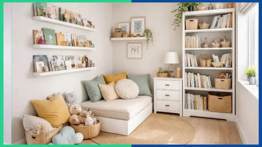 Kid’s room with wall-mounted bookshelf, corner bookcase and a cosy reading corner setup – Blue Ridge Cabinet Connection