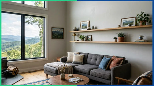 Modern North Carolina Living Room featuring a Long Floating Shelf above sofa – Blue Ridge Cabinet Connection